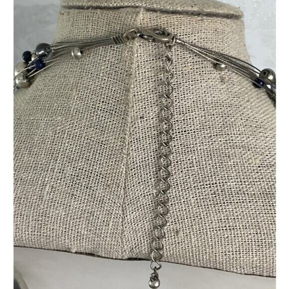 Multi-Strand Silver Necklace With Blue & Gray Beads Adjustable Length - Picture 4 of 4